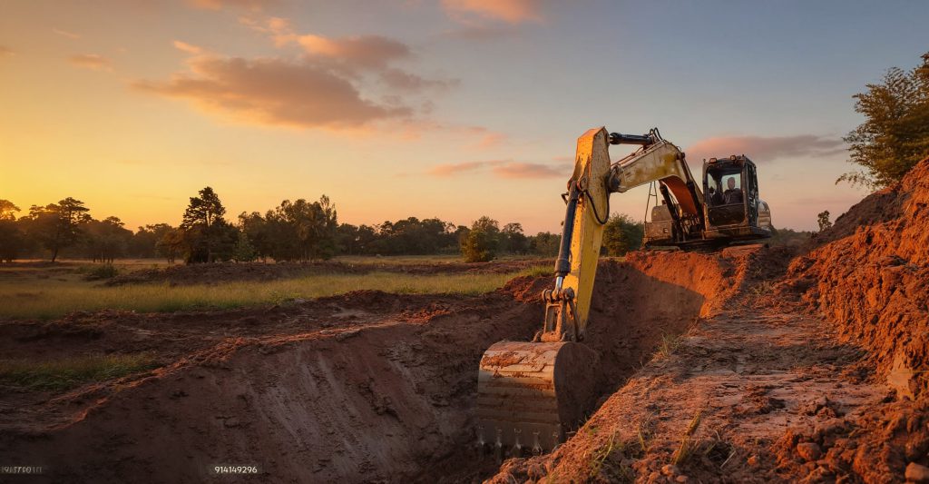 Excavator working an earthworks site at golden hour